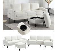 EURHCIO canape 3 Places avec Tabouret de Rangement,canapé d'angle modulable,Porte-gobelets et Poches latérales,Tissu Chenille,pour Salon Chambre ou Bureau (Beige-B)