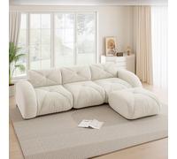 EURHCIO Canape 3 Places Salon,Canapé d'angle en L,1 Pouf,Modulable et Convertible,Tissu Chenille,Aucun Montage Requis (Blanc, 3places+1pouf)