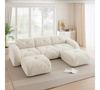 EURHCIO Canape 3 Places Salon,Canapé d'angle en U,2 Poufs,Modulable et Convertible,Tissu Chenille,Aucun Montage Requis (Blanc, 3places+2poufs)
