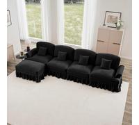 EURHCIO Canapé 4 Places en Chenille avec 1 Pouf Mobile,Canapé d'angle Salon,avec Jupe à Volants Amovible et Accoudoirs évasés,pour Salon,Bureau et Appartement (Noir, 4 Places+1 Pouf)
