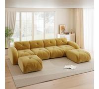 EURHCIO Canape 4 Places Salon,Canapé d'angle en U,2 Poufs,Modulable et Convertible,Tissu Chenille,Aucun Montage Requis (Jaune, 4places+2poufs)