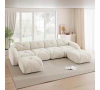 EURHCIO Canape 4 Places Salon,Canapé d'angle en U,2 Poufs,Modulable et Convertible,Tissu Chenille,Aucun Montage Requis (Blanc, 4places+2poufs)