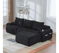 EURHCIO Canapé d'angle 3 Places Salon,Canapé en L Modulable avec 3 Coussins et 1 Pouf,avec Porte-gobelets et Poches latérales,Tissu Velours Côtelé,Combinable à Volonté (Noir-3-1)