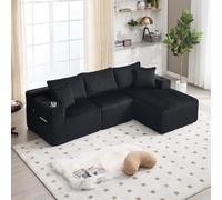 EURHCIO Canapé d'angle Modulable,Canapé 3 Places en Velours Côtelé,avec 5 Coussins,Poches Latérales et Porte-Gobelets,pour Salon,Appartement,Bureau (Noir)