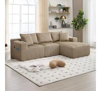 EURHCIO Canapé d'angle Modulable,Canapé 3 Places en Velours Côtelé,avec 5 Coussins,Poches Latérales et Porte-Gobelets,pour Salon,Appartement,Bureau (Kaki)