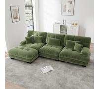 EURHCIO Canapé d'angle Modulable,Canapé 3 Places Salon en Chenille,1 Pouf,avec Coussin et Accoudoirs Rembourrés Circulaires,pour Salon,Bureau et Home Cinéma (Vert, 3places+1pouf)