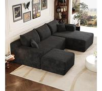 EURHCIO Canapé d'angle modulaire,Canapé 3 Places Salon en Velours Côtelé,avec 1 Pouf et Coussins,Aucun Montage requis,pour Salon,Appartement,Bureau,241x151x58cm (Noir, Droite-L+1pouf)