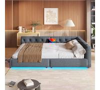 EURHCIO Canapé Lit 2 Places 140x200,Cadre de Lit Double avec Éclairage LED Réglable,Port USB-C,Sommier à Lattes Solide,pour Adultes Adolescents,Lin (Gris, 140x200)