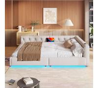 EURHCIO Canapé Lit 2 Places 140x200,Cadre de Lit Double avec Éclairage LED Réglable,Port USB-C,Sommier à Lattes Solide,pour Adultes Adolescents,Lin (Beige, 140x200)