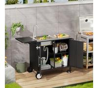 EURHCIO Desserte à roulettes de Jardin avec évier,Desserte Cuisine Exterieur,Table de Barbecue avec Étagère Pliante/Ouverte,Plateau Rabattable,étagères,pour arrière-Cours et pelouses (Noir 1)