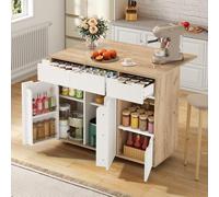 EURHCIO Desserte Cuisine,Ilot Central Cuisine,Buffet Salle a Manger avec Plan de Travail Pliable,2 Grand Tiroirs,2 Portiques,2 Armoires,Étagères Ouvertes,pour Salon(C-Naturel)