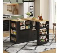 EURHCIO Ilot Central Cuisine 115x50x92cm avec Plan de Travail Pivotante,Table de Bar,Mange Debout Extensible avec 10 étagères Ouvertes,2 Tiroirs,Armoire,pour Cuisine(F-Noir)