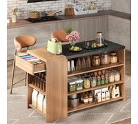 EURHCIO Ilot Central Cuisine 140×60×90cm,Buffet Salle a Manger,Table de Bar avec Plan de Travail Épaissi,Grand Tiroir,5 Grandes Étagères,Motif Imitant Le Marbre Noir,pour Cuisine Salon (G-Naturel)