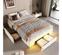 EURHCIO Lit 1 Personne 90x200cm sans Tête,Cadre de Lit Une Place avec Éclairage LED Réglable,2 Grands Tiroirs,Sommier à Lattes Métalliques Robuste,Cuir PU,pour Ados Adultes (Beige, 90x200)