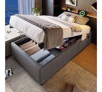 EURHCIO Lit 1 Place 90x190cm sans Tête de lit avec Espace de Rangement et Prise USB+Type-C,Lit Coffre avec Plateau entièrement Couvrant,Tissu Lin,sans Matelas (Gris, 90x190)