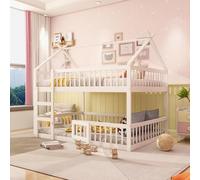 EURHCIO Lit Cabane 140x200 Deux Places,Lit Superposé Enfant 4 Places avec Porte,Escalier Robuste,Barrière Haute,Sommier à Lattes Solide,pour Enfants Ados,sans Matelas(Blanc,140)