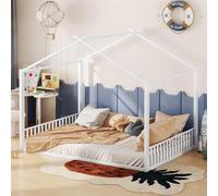 EURHCIO Lit Cabane 140x200cm en Métal,Lit Au Sol Montessori avec Sommier à Lattes Solide,Barrières de lit Hautes des 2 Côtés,Design Raffiné de Cabane,pour Ados(Blanc 1, 140x200)
