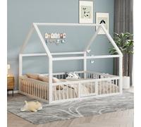 EURHCIO Lit Cabine Enfants 140x200cm Métallique,Lit Au Sol Enfant avec Conception Unique de Cottage,Barrière Haute à Porte,Sommier à Lattes Solide,pour Enfants Adolescents(Blanc 1,140)