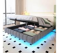 EURHCIO Lit Coffre 160x200cm Rembourré sans Tête,Cadre de Lit 2 Personnes avec Effet Flottant,éclairage LED,Rangement Hydraulique,pour Adulte Adolescents(Gris, 160x200)