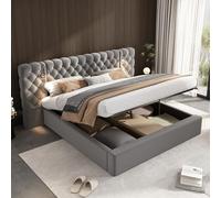 EURHCIO Lit Coffre 180x200cm,Lit Double Adulte avec Lampe de Chevet,Tête de Capitonné Large,Rangement,Sommier à Lattes en Bois,Tissu de Velours,Gris,sans Matelas (180)
