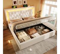 EURHCIO Lit Coffre 180x200cm,Lit Double avec Rangement,Tissu de Velours,Tête Capitonné,Sommier à Lattes,avec éclairage LED et Ports USB/Type-C,sans Matelas (Beige, 180x200)