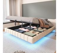 EURHCIO Lit Coffre 180x200cm Rembourré sans Tête,Cadre de Lit 2 Personnes avec Effet Flottant,éclairage LED,Rangement Hydraulique,pour Adulte Adolescents (Beige, 180x200)