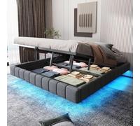 EURHCIO Lit Coffre 180x200cm Rembourré sans Tête,Cadre de Lit 2 Personnes avec Effet Flottant,éclairage LED,Rangement Hydraulique,pour Adulte Adolescents (Gris, 180x200)