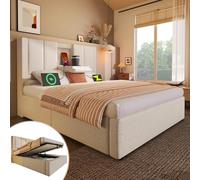 EURHCIO Lit Coffre 90x200cm,Lit 1 Place avec Rangement,Tissu de Lin,Tête Capitonné,Sommier à Lattes,avec Porte-gobelets et Ports USB/Type-C dissimulés,sans Matelas (Beige, 90x200)