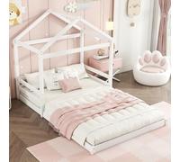 EURHCIO Lit Double 140 x 200cm, Lit Cabane Au Sol avec Barrières de lit Hauts à 3 Côtés,Sommier à Lattes Solide,Design raffiné de Cabane,Pin(Blanc 4, 140x200)