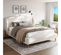 EURHCIO Lit Double 140x190 avec Sommier à Lattes,Lit Adulte avec Tête Oreilles,Tissu bou esign incurvé,Pieds en Bois,pour Enfant Adolescent Adulte,sans Matelas