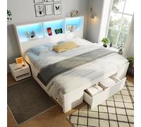 EURHCIO Lit Double 140x190cm,Lit Coffre avec Table de Chevet Mobile et Tiroirs de Rangement,éclairage LED et Port USB,Sommier à Lattes,sans Matelas,Blanc (140x190)