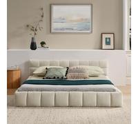 EURHCIO Lit Double 140x200 avec Sommier à Lattes,Lit 2 Places avec Tête Capitonné,Tissu de Chenille,Motif Matelassé Carré,pour Enfant Adolescent Adulte,sans Matelas (Beige, 140)