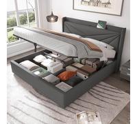 EURHCIO Lit Double 160x200cm avec Espace de Rangement Hydraulique,Lit Coffre Adulte Capitonné avec Port USB Type-C et Sommier à Lattes,Tissu de Lin,sans Matelas (Gris, 160x200)