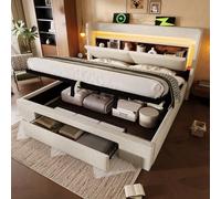 EURHCIO Lit Double 160x200cm,Lit Coffre,Tissu de Lin,Tête avec Rangement,Sommier à Lattes,avec 1 tiroir,Lampe LED et Ports USB/Type-C,sans Matelas (Beige, 160x200)