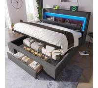 EURHCIO Lit Double 180x200cm,Lit Coffre,Tissu de Lin,Tête avec Rangement,Sommier à Lattes,avec 1 tiroir,Lampe LED et Ports USB/Type-C,sans Matelas (Gris, 180x200)
