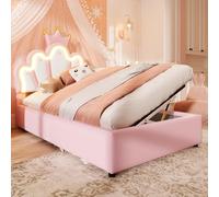 EURHCIO Lit Enfant Fille 90x200cm,Lit Coffre Une Place avec Éclairage LED Réglable,Tête en Forme de Couronne Réglable,Stockage Hydraulique pour Enfants Adolescents(C-Rose,90x200)