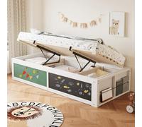 EURHCIO Lit Enfants 90x200cm sans Tête,Cadre de Lit Coffre 1 Personne en Bois avec Étagères,Tableaux Noirs/en Feutre,Stockage Hydrauliques,Sommier à Lattes Solide,pour Enfants Ados (Blanc)