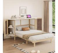 EURHCIO Lit Escamotable 140x200cm,Cadre de Lit 2 Personnes avec 4 Étagères,Sommier à Lattes Solide,pour Adolescents Adultes (Naturel)