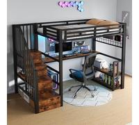 EURHCIO Lit Mezzanine 1 Place 90x200cm,Lit 1 Personne avec Bureau,Éclairage LED Réglable,Ports USB,Organiseur en Treillis,Étagères Ouvertes,Étagères de Rangement,pour Ados(Noir,90)