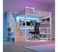 EURHCIO Lit Mezzanine 1 Place 90x200cm,Lit 1 Personne avec Bureau,Éclairage LED Réglable,Ports USB,Organiseur en Treillis,Étagères Ouvertes,Étagères de Rangement,pour Ados(Blanc, 90)