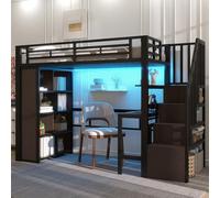 EURHCIO Lit Mezzanine 1 Place 90x200cm,Lit 1 Personne avec Éclairage Réglable,Bureau,9 Étagères,échelle de Rangement,Sommier Robuste,Barrières Hautes,pour Ados(Noir 1, 90x200)