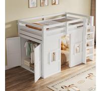 EURHCIO Lit Mezzanine 1 Place 90x200cm,Lit Cabane 1 Place avec Éclairage LED Réglable,Grande Armoire Modulable,2 Fenêtres,Barrières Hautes,Sommier à Lattes Solide,pour Ados (90-Blanc)