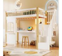 EURHCIO Lit Mezzanine 1 Place 90x200cm,Lit Cabane Enfants avec Bureau,Éclairage LED,Prise,Étagères Ouvertes,Échelles de Rangement,Haute Barrière,pour Enfants Adolescents (90)