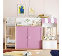 EURHCIO Lit Mezzanine 1 Place 90x200cm,Lit Cabane Enfants avec Étagères,Grand Escalier,Armoire,Portes,Barrière Haute,Sommier à Lattes Solide,pour Enfants Adolescents (Rose)