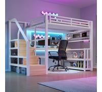 EURHCIO Lit Mezzanine 2 Places 140x200cm,Lit 2 Personnes avec Bureau,Éclairage LED Réglable,Ports USB,Organiseur en Treillis,Étagères Ouvertes,Étagères de Rangement,pour Ados (Blanc, 140x200)