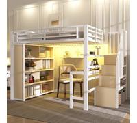 EURHCIO Lit Mezzanine 2 Places 140x200cm,Lit 2 Personnes avec Éclairage Réglable,Bureau,9 Étagères,échelle de Rangement,Sommier Robuste,Barrières Hautes,pour Ados(Blanc 1, 140x200)