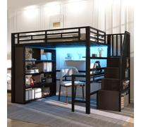 EURHCIO Lit Mezzanine 2 Places 140x200cm,Lit 2 Personnes avec Éclairage Réglable,Bureau,9 Étagères,échelle de Rangement,Sommier Robuste,Barrières Hautes,pour Ados(Noir 1, 140x200)