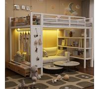 EURHCIO Lit Mezzanine 2 Places 140x200cm,Lit 2 Personnes avec LED Réglable,Tringle à Linge,2 Tiroirs,Panneau Perforé de Rangement,5 Grandes étagères,Sommier Solide,pour Ados (A-Blanc, 140)
