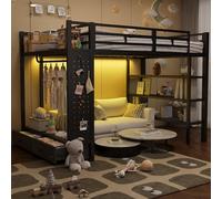 EURHCIO Lit Mezzanine 2 Places 140x200cm,Lit 2 Personnes avec LED Réglable,Tringle à Linge,2 Tiroirs,Panneau Perforé de Rangement,5 Grandes étagères,Sommier Solide,pour Ados (A-Noir, 140)