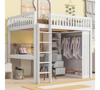 EURHCIO Lit Mezzanine 2 Places 140x200cm,Lit Double avec Grand Bureau,3 Tiroirs,3 étagères,Armoire,Haute Barrière de lit,Sommier à Lattes Solide,pour Adolescents (Blanc, 140x200)